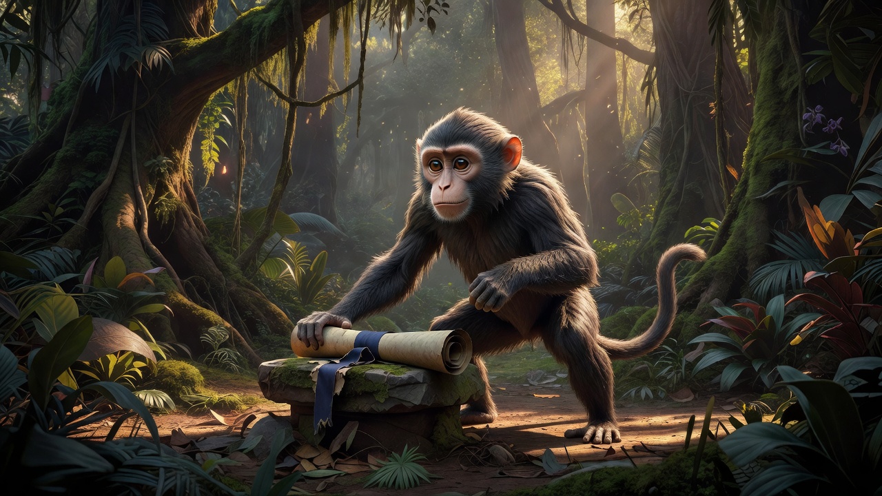 Serious but cute large monkey character guarding a secret scroll representing privacy