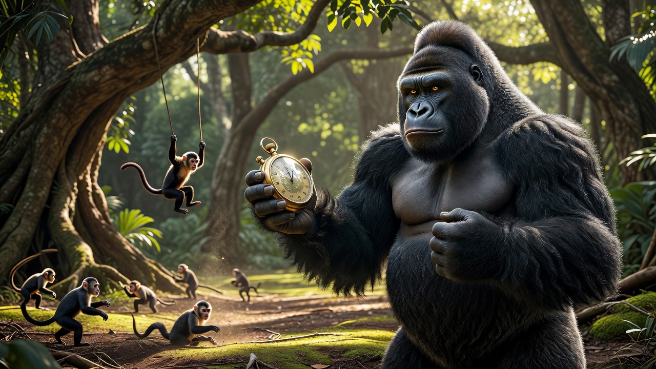 Responsible large monkey character holding a stopwatch to manage play time