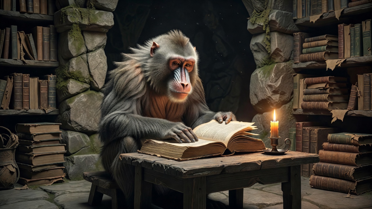 Wise old large monkey character reading a large book of rules