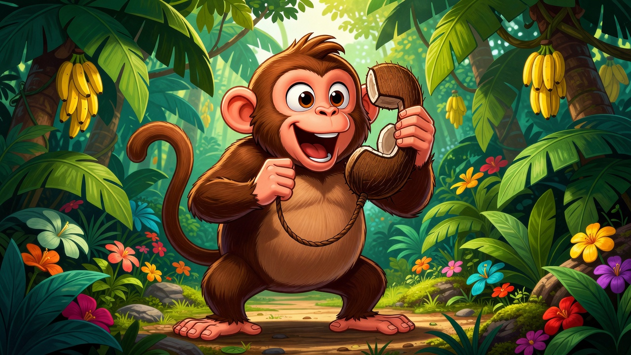 Large cartoon monkey character talking into a coconut phone