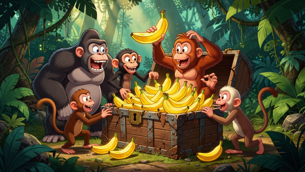 Group of large cartoon monkey characters finding golden bananas in a treasure chest